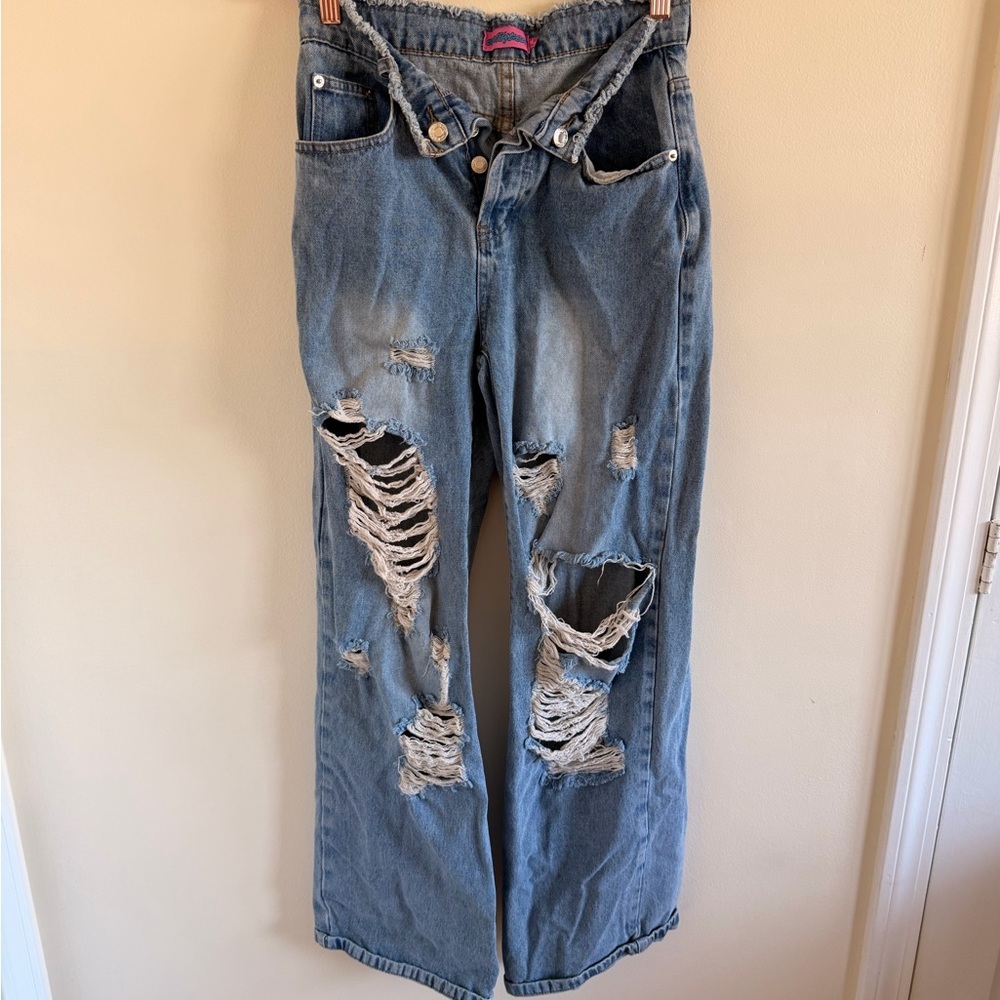 Distressed Wide-Leg Women's Jeans - Light Blue